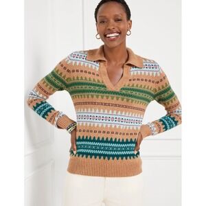 Talbots Women Johnny Collar Wool Sweater L Tan Fair Isle Alpine Cozy Soft Nordic